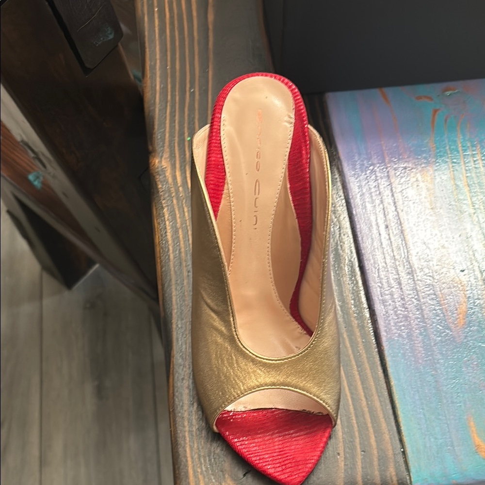 Red and Gold Peep-Toe Heels with Stiletto Design